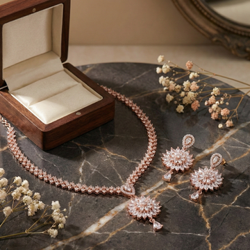 Rosé Radiance – Floral American Diamond Necklace Set